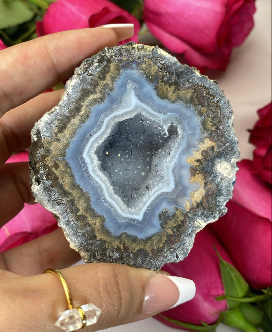 Mexican Blue Calcite Geode with Hematite inclusions