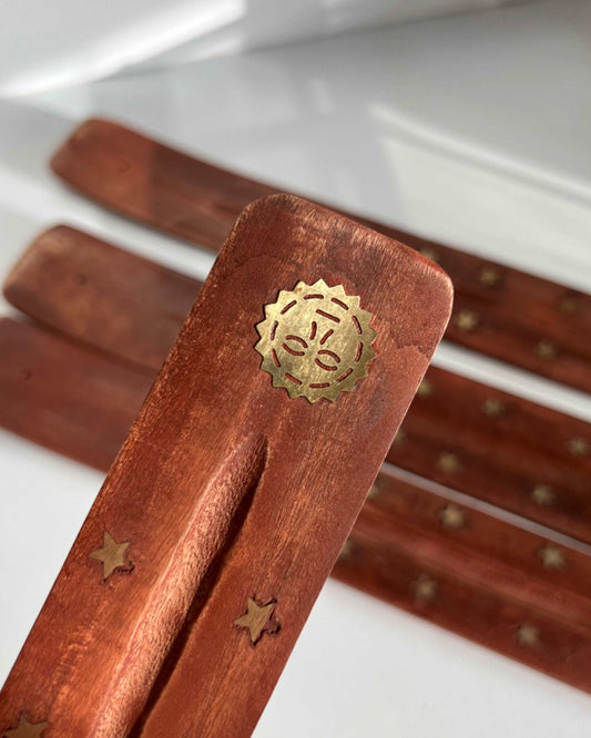 Wooden Incense Stick Burner w Brass Inlay